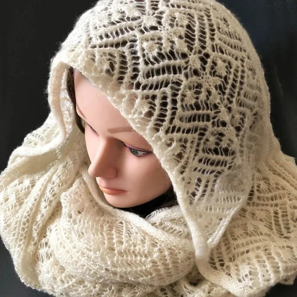 Large Infinity Scarf, Pointelle Crochet Knit - Picture 8 of 9